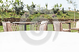 Table empty background in outdoor cafe , modern restaurant background.Front view. . Dining table. Brochure background