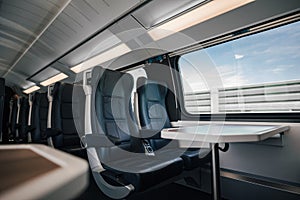 Table and empty seats in modern illuminated passenger intercity train