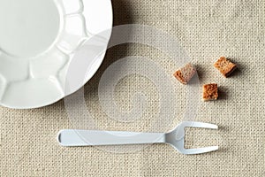 On the table, empty white plate and lying next to the crackers. A fork with broken middle teeth symbolizes voluntary dietary