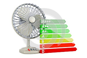 Table fan with energy efficiency chart. 3D rendering