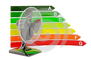 Table fan with energy efficiency chart, 3D rendering