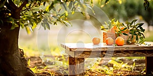 Table in farm with orange tree and grass, Sunlight at morning . Generative AI