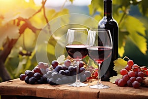 A table featuring two glasses of wine placed next to a bottle of wine, Two glasses of red wine and a bottle in the vineyard with