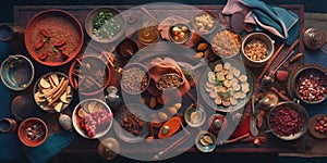 A table filled with bowls of food and utensils. Generative AI image.
