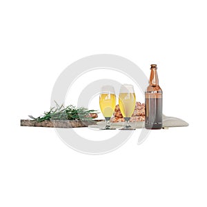 a table filled with glass of beer and plates of cookies