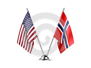 Table flags, United States America and Norway, isolated on white background. 3d image