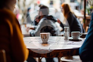 table in focus, patrons chatting in soft focus cafe setting