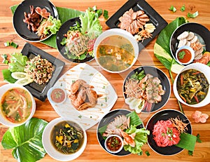 Table food served on plate / Tradition northeast food Isaan delicious on plate with fresh vegetables Many variety various Thai