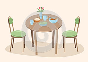 Table with food and two chairs. Cafe or lunch at home, furniture in the kitchen. Vector illustration