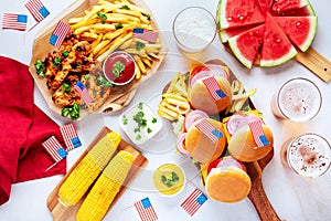 Table with food for USA 4th July Independence Day, copy space