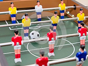 Table football detail of colorful player figurines