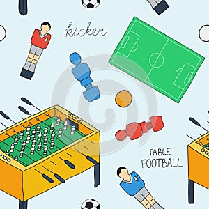 Table football sketch. Seamless pattern with hand-drawn cartoon icons - old-fashioned foosball player ,ball, field photo