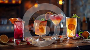 A table with four different colored drinks in tall glasses