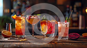 A table with four different colored drinks in tall glasses