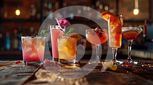 A table with four different colored drinks in tall glasses