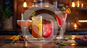 A table with four different colored drinks in tall glasses