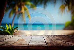 Table in front of blurred tropical beach of summer time background. Generative AI