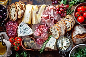 Table full of different foods including bread cheese and grapes. Generative AI