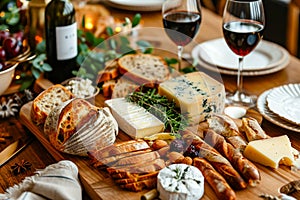 Table full of food including bread cheese and other goodies along with two glasses of wine. Generative AI