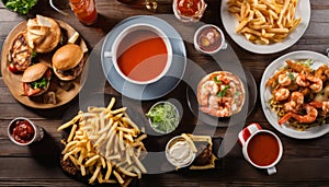 A table full of food, including fries, shrimp, and a bowl of soup