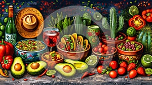 A table full of food with a variety of food, drink and appetizers mexican cuisine. Concept traditional mexican food