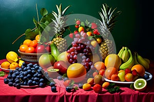 A table full of fruit including apples, oranges, bananas, and grapes.