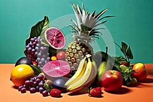 A table full of fruit including apples, oranges, bananas, and grapes.