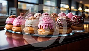 A table full of gourmet sweets chocolate, candy, donuts, cookies generated by AI