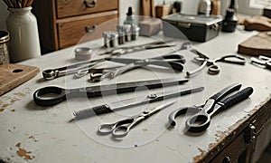 A table is full of scissors and other tools, including a pair of scissors and a box.