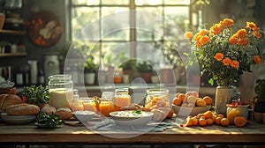 Warm inviting kitchen with fresh Suhoor foods like yogurt fruits and bread on a table photo