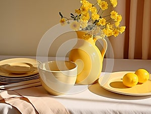table with gaillo vase with flowers and plates and galla caramic bowl
