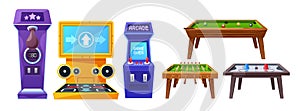 Table Games And Machines Set. Electronic Devices Designed For Entertainment, Featuring Interactive Gameplay