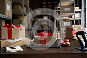 Table with gift parcel boxes on table in warehouse. Online ecommerce sale.