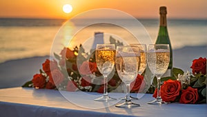 Table, glasses of champagne, beautiful flowers, sea prosecco