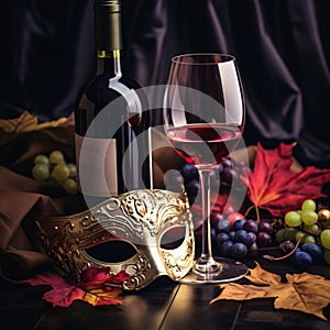 Table with grapes, wine, glass and gold carnival mask with decorations. Carnival outfits, masks and decorations