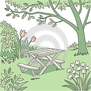 Table With Green Background. Wooden Table Display in Lush Green Garden Setting