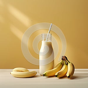 Table holds a bottle of milk and ripe Saba bananas