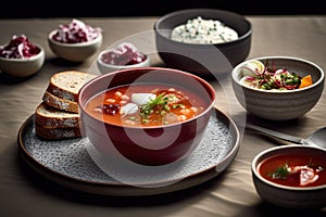 The table hosts a bowl of Ukrainian borscht prepared in the customary style, representing the national cuisine of Ukraine.