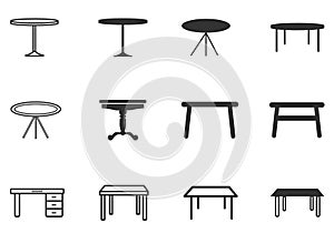table icon. Set of table, Folding table icon, Round table with chairs icon.