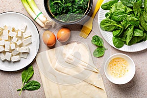 Table with ingredients for cooking phyllo or filo pastry savory pie with spinach