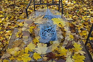 Table and Japanese old vine and leaf garden lighting lantern covered autumn foliage
