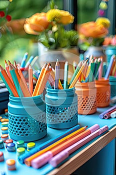 A table with jars of colored pencils and pens