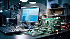 On the table in the laboratory, various electronic components