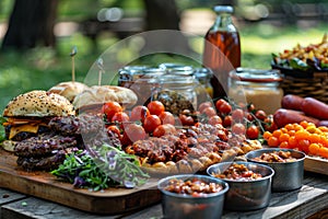 A table laden with grilled delicacies, from juicy burgers to saucy ribs, surrounded by fresh garden produce, invites an