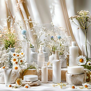 Table Laden With White Vases of Flowers. Generative AI