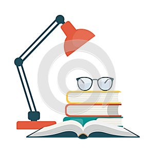 Table lamp, different books, glasses. Love reading concept. Vector illustration in flat style