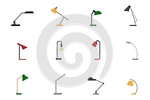 Table lamp icon vector illustration set. Office, school, library lights flat style collection on white