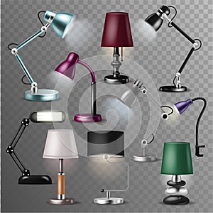 Table lamp vector desklamp and realistic reading-lamp for electric lighting decoration in office or hotel illustration