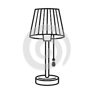 Table lamp vector icon. Bedside lantern with lampshade, on a stand. Hand drawn black doodle isolated on white. Vintage electric