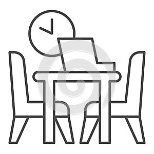 Table with laptop and chairs with clock thin line icon, Coworking concept, Office workplace sign on white background